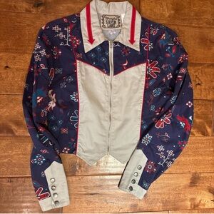 Silver Lake Wrangler Navy Floral Bomber Jacket with Cream Front Panel